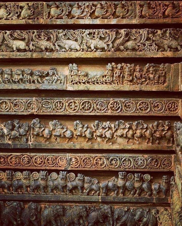 HOYSALESHWARA
There are 8 friezes on the wall. •Lowest layer: charging elephants…